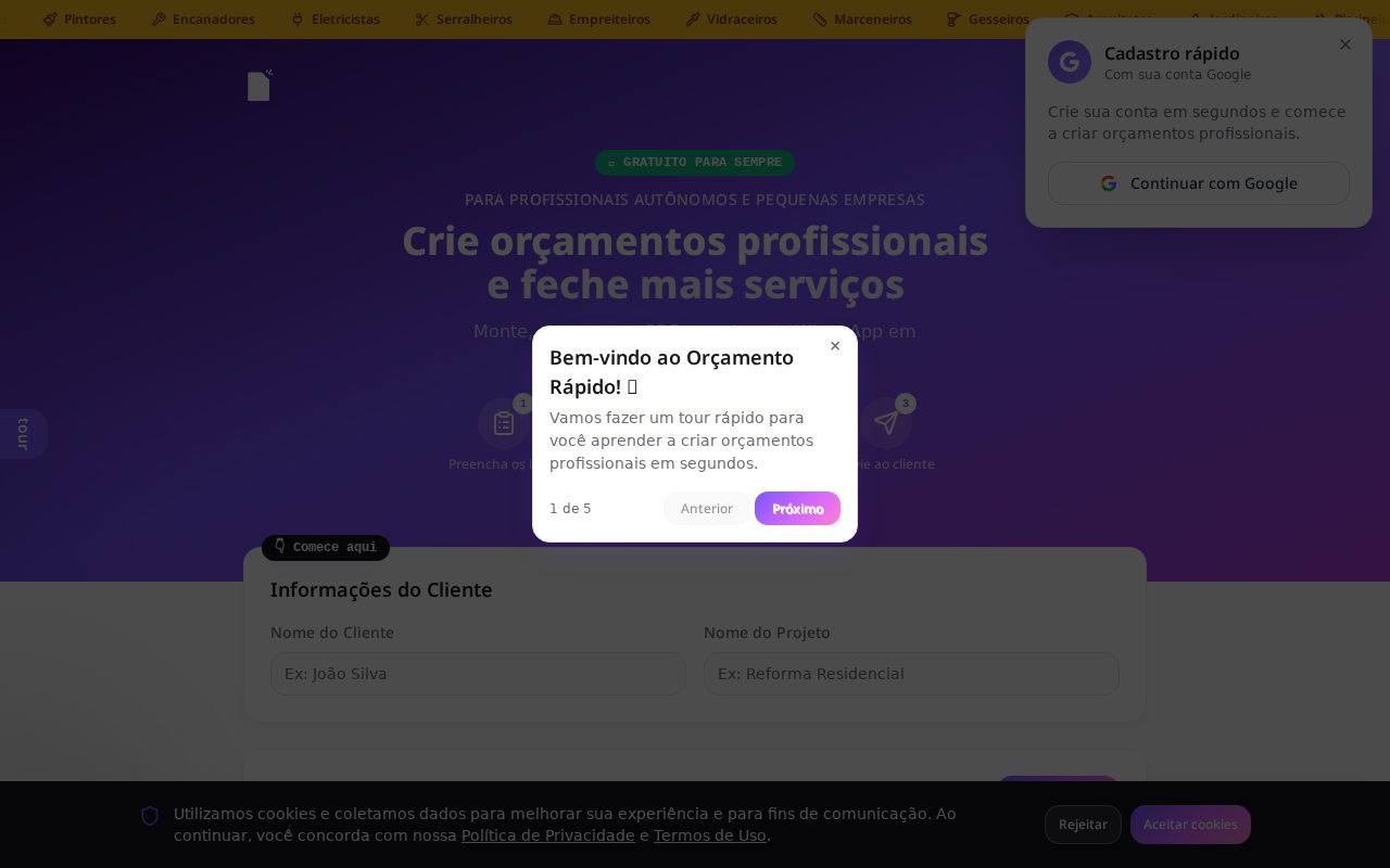 Página inicial: orçamentos em minutos